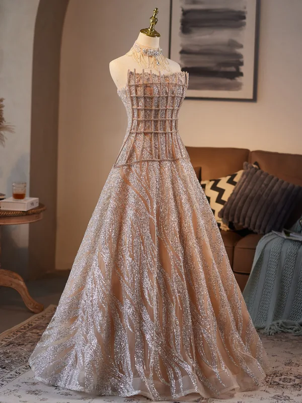Luxury / Gorgeous Sparkly Champagne Beading Rhinestone Sequins Prom Dresses 2025 A-Line / Princess Strapless Sleeveless Backless Floor-Length / Long Formal Dresses