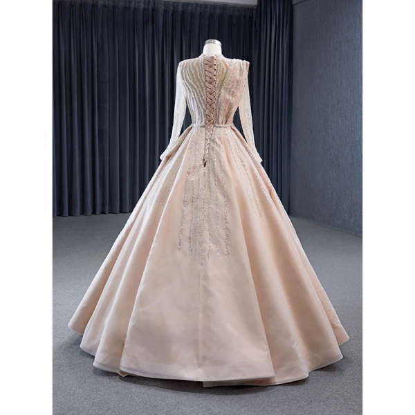 High-end Champagne Handmade Beading Sequins Prom Dresses 2023 Ball Gown High Neck Long Sleeve Floor-Length / Long Formal Dresses