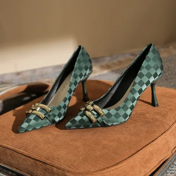 Mode Donkergroen Straatkleding Plaid Pumps 2022 8 Cm Naaldhakken Stiletto Spitse Neus Pumps Hoge Hakken