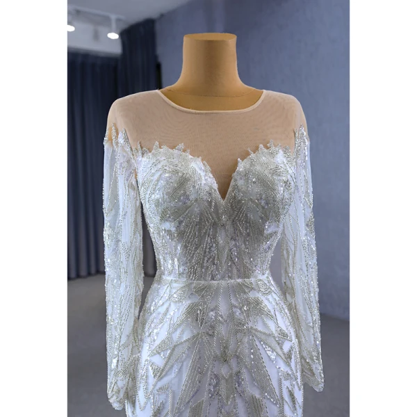 High-end White Handmade  Beading Sequins Wedding Dresses 2023 Trumpet / Mermaid Scoop Neck Long Sleeve Court Train Wedding