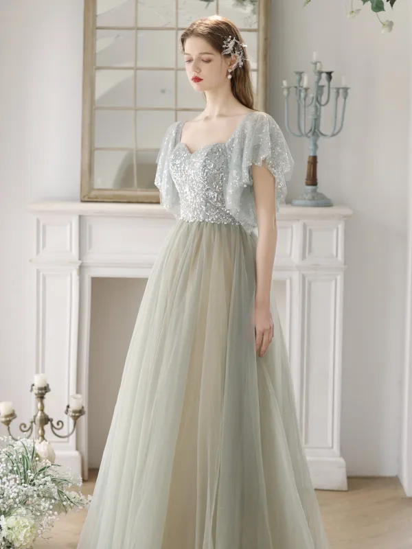 Charming Sage Green Sequins Prom Dresses 2024 A-Line / Princess Off-The-Shoulder Short Sleeve Backless Floor-Length / Long Prom Formal Dresses