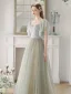 Charming Sage Green Sequins Prom Dresses 2024 A-Line / Princess Off-The-Shoulder Short Sleeve Backless Floor-Length / Long Prom Formal Dresses