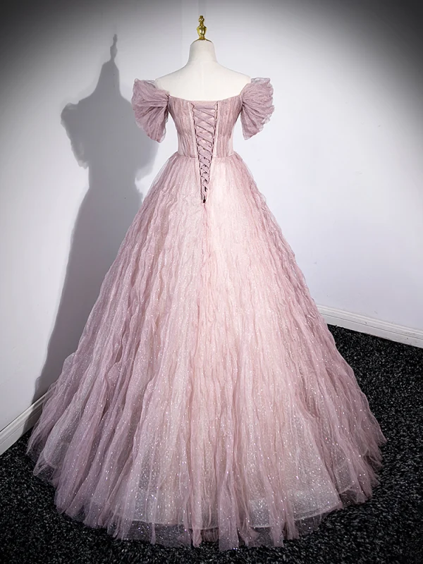 Chic / Belle Rougissant Rose Glitter Paillettes Robe De Bal 2023 Princesse De l'épaule Faux Diamant Appliques Manches Courtes Dos Nu Longue Promo Robe De Ceremonie