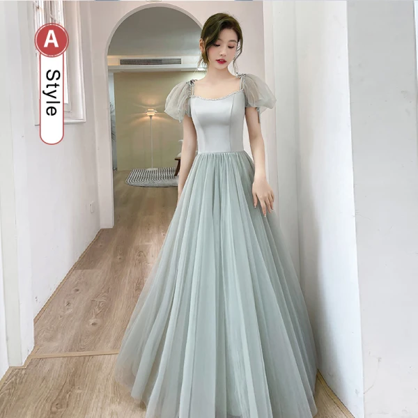 Simple Vert Cendré Robe Demoiselle D'honneur 2022 Princesse Encolure Carrée Manches Courtes Dos Nu Longue Demoiselle D'honneur Robe De Ceremonie