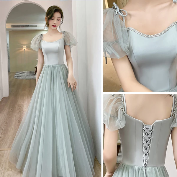 Simple Vert Cendré Robe Demoiselle D'honneur 2022 Princesse Encolure Carrée Manches Courtes Dos Nu Longue Demoiselle D'honneur Robe De Ceremonie