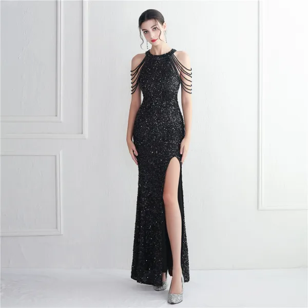 Sexy Doré Perlage Paillettes Fendue devant Robe De Soirée 2024 Trompette / Sirène Encolure Dégagée Sans Manches Dos Nu Longue Soirée Robe De Ceremonie