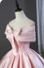 Lovely Blushing Pink Bow Satin Prom Dresses 2026 Ball Gown Off-The-Shoulder Short Sleeve Backless