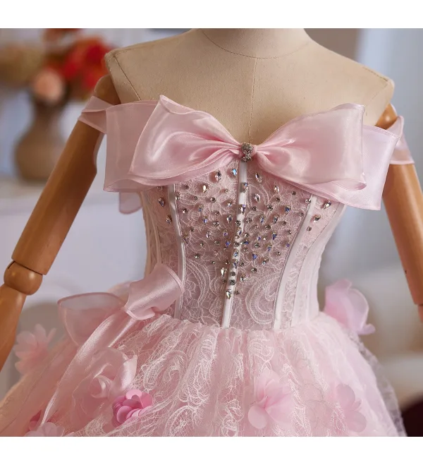 Lovely Blushing Pink Rhinestone Lace Flower Appliques Prom Dresses 2025 Ball Gown Strapless Bow Sleeveless Backless Floor-Length / Long Formal Dresses