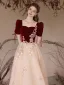 Chic / Beautiful Burgundy Rhinestone Lace Flower Velvet Prom Dresses 2024 A-Line / Princess Square Neckline Short Sleeve Backless Floor-Length / Long Prom Formal Dresses