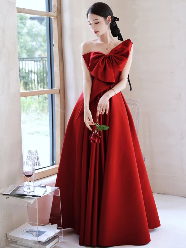 Modest Burgundy Satin Prom Dresses 2023 A-Line Princess One-Shoulder Bow Sleeveless