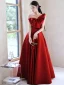 Modest  Burgundy Satin Prom Dresses 2023 A-Line / Princess One-Shoulder Bow Sleeveless Backless Floor-Length / Long Prom Formal Dresses
