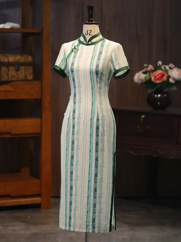 Vintage / Retro Dark Green Street Wear Tea-length Cheongsam 2024 Trumpet / Mermaid High Neck Short Sleeve