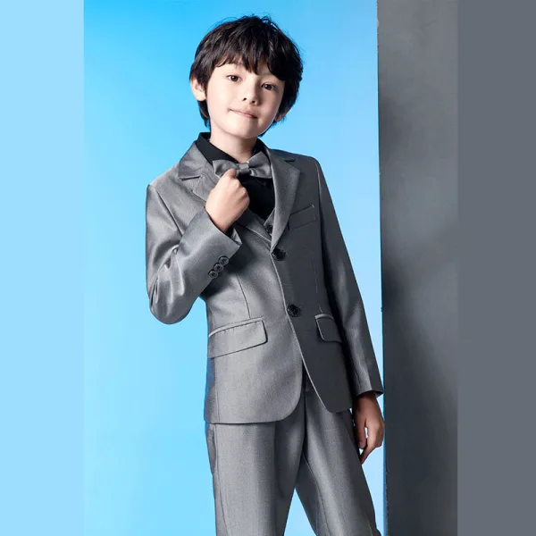 Fashion Grey 5-piece Long Sleeve Boys Wedding Suits 2022 Coat Pants Shirt Tie Vest Wedding
