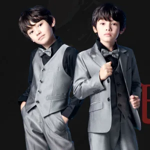 Fashion Grey 5 Piece Long Sleeve Boys Wedding Suits 2022 Coat Pants Shirt Tie Vest Wedding