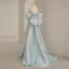 Fashion Sky Blue Satin Prom Dresses 2023 A-Line / Princess Off-The-Shoulder Bow Short Sleeve Backless Sweep Train Formal Dresses