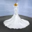 High End Weiß Perlenstickerei Perle Pailletten Satin Brautkleider / Hochzeitskleider 2023 Meerjungfrau Off Shoulder Kurze Ärmel Rückenfreies Kapelle-Schleppe Hochzeit