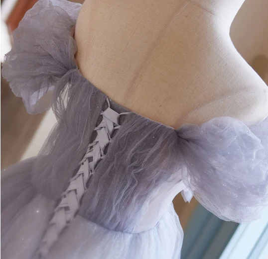 Chic / Beautiful Lavender Beading Appliques Prom Dresses 2024 A-Line / Princess Off-The-Shoulder Short Sleeve Backless Floor-Length / Long Tulle Prom Formal Dresses