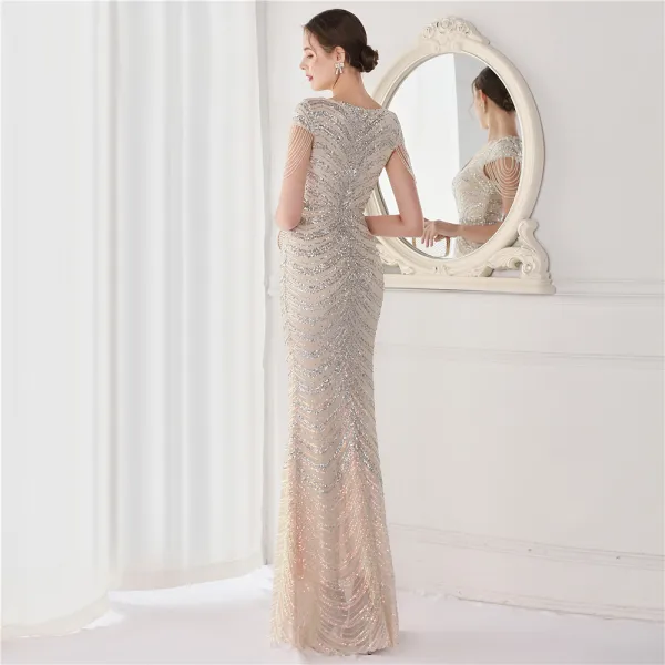 Sexy Black Beading Sequins Evening Dresses 2022 Trumpet / Mermaid V-Neck Sleeveless Floor-Length / Long Evening Party Formal Dresses