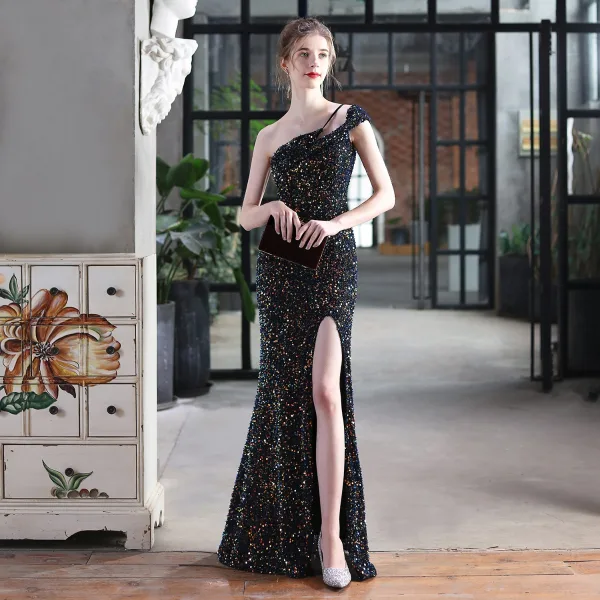 Scintillantes Noire Paillettes Robe De Soirée 2022 Trompette / Sirène Une épaule Sans Manches Dos Nu Longue Soirée Robe De Ceremonie