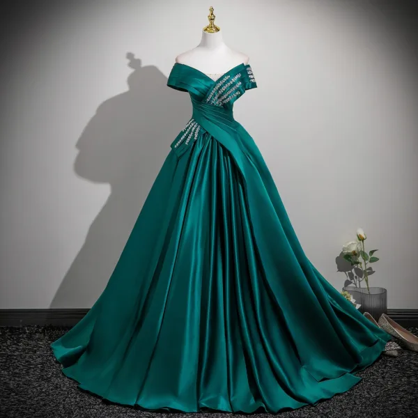 Vintage / Retro Olive Green Beading Sequins Prom Dresses 2025 Ball Gown Off-The-Shoulder Short Sleeve Backless Floor-Length / Long Formal Dresses