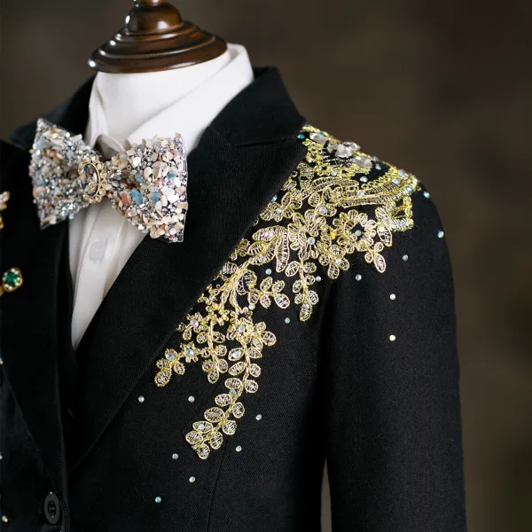 Fashion Black 6-piece Rhinestone Lace Flower Boys Wedding Suits 2025 Long Sleeve Body Jewellery Coat Pants Shirt Tie Vest