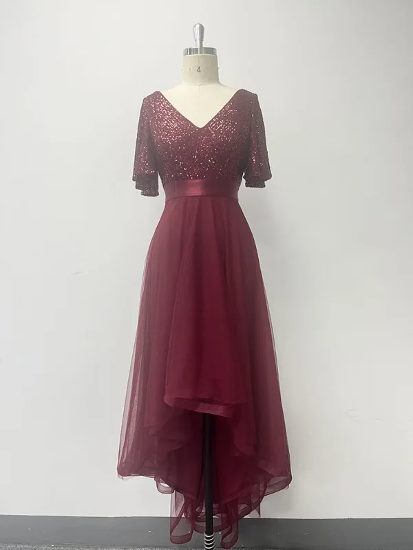 Chic / Belle Bordeaux Paillettes Asymétrique Robe De Bal 2024 Princesse V-Cou Manches Courtes Dos Nu Promo Robe De Ceremonie