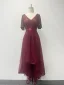 Chic / Belle Bordeaux Paillettes Asymétrique Robe De Bal 2024 Princesse V-Cou Manches Courtes Dos Nu Promo Robe De Ceremonie