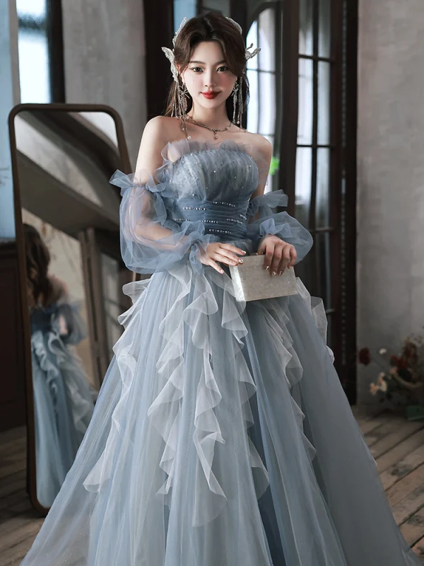 Chic / Beautiful Sky Blue Cascading Ruffles Pearl Prom Dresses 2023 A-Line / Princess Strapless Sleeveless Backless Floor-Length / Long Prom Formal Dresses
