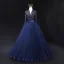 Vintage / Retro High-end Navy Blue Beading Prom Dresses 2024 Ball Gown V-Neck 3/4 Sleeve Backless Floor-Length / Long Prom Formal Dresses