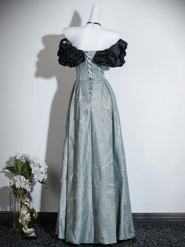 Chic / Beautiful Black Pearl Prom Dresses 2026 A-Line / Princess Ruffle Off-The-Shoulder Short Sleeve Floor-Length / Long Formal Dresses