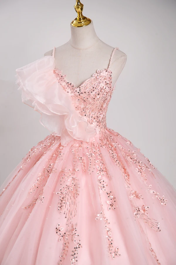Lovely Blushing Pink Beading Sequins Prom Dresses 2023 Ball Gown Pearl Spaghetti Straps Sleeveless Backless Floor-Length / Long Prom Formal Dresses