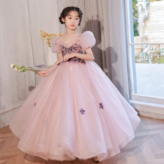 Chic Belle Rougissant Rose Paillettes Anniversaire Robe Ceremonie Fille 2022 Robe Boule Encolure Carrée Gonflée Manches Courtes Dos Nu Longue Robe Ceremonie Fille