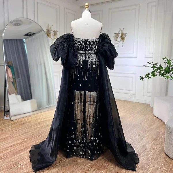 High-end Black Rhinestone Prom Dresses 2024 Empire Strapless Puffy Short Sleeve Backless Floor-Length / Long Prom Formal Dresses