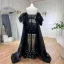 High-end Black Rhinestone Prom Dresses 2024 Empire Strapless Puffy Short Sleeve Backless Floor-Length / Long Prom Formal Dresses