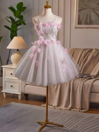 Lovely Blushing Pink Pearl Sequins Appliques Homecoming Short Graduation Dresses 2025 A Line Princess Spaghetti Straps Sleeveless Backless Tulle
