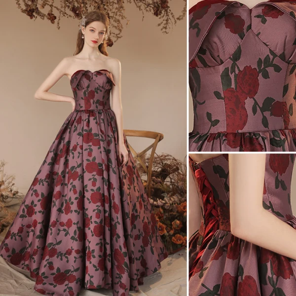 Chic / Beautiful Burgundy Rose Prom Dresses 2023 A-Line / Princess  Strapless Sleeveless Backless Floor-Length / Long Prom Formal Dresses