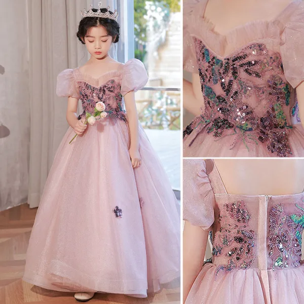 Chic / Beautiful Blushing Pink Sequins Birthday Flower Girl Dresses 2022 Ball Gown Square Neckline Puffy Short Sleeve Backless Floor-Length / Long Flower Girl Dresses