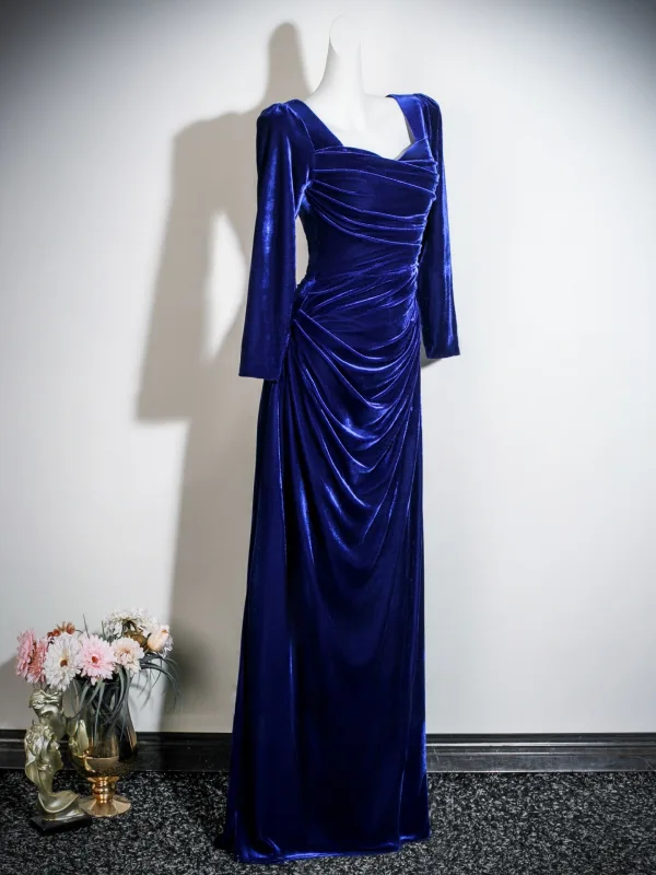 Vintage / Retro Royal Blue Velvet Prom Dresses 2026 Trumpet / Mermaid Square Neckline 3/4 Sleeve Backless Floor-Length / Long Formal Dresses
