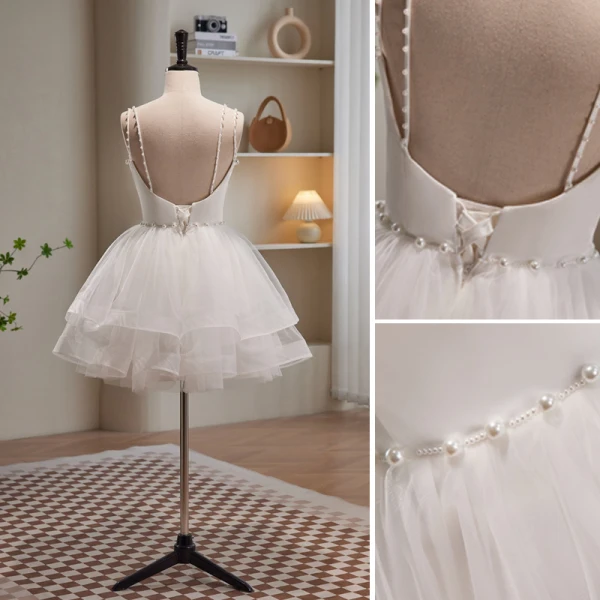 Sexy White Pearl Short Party Dresses 2023 Spaghetti Straps Sleeveless Backless Cocktail Party Evening Party Formal Dresses