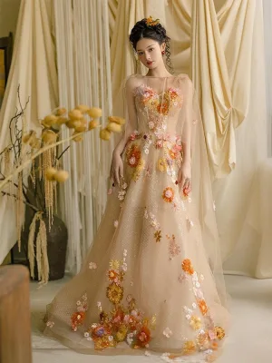 Fée Des Fleurs Champagne Perlage Paillettes En Dentelle Fleur Robe De Ceremonie 2025 Avec Cape Princesse Bustier Sans Manches Dos Nu Longue Robe De Bal