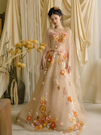 Fée Des Fleurs Champagne Perlage Paillettes En Dentelle Fleur Robe De Ceremonie 2025 Avec Cape Princesse Bustier Sans Manches Dos Nu Longue Robe De Bal