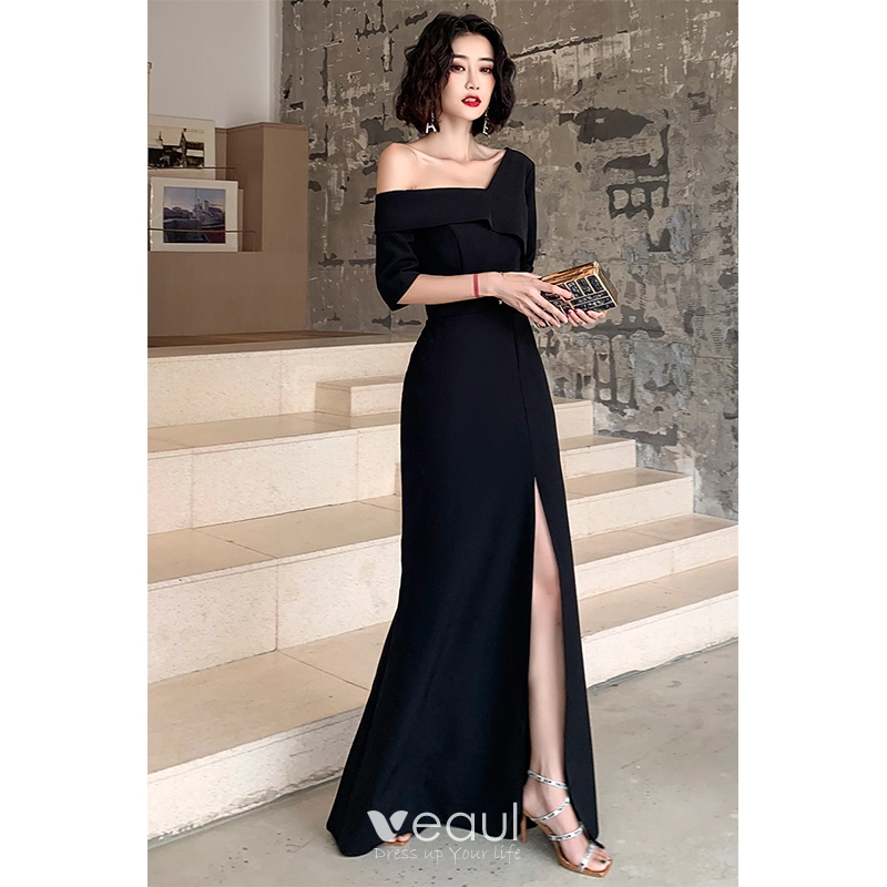 Sexy Black Evening Dresses 2022 A Line Princess One Shoulder Short Sleeve Split Front Floor Length