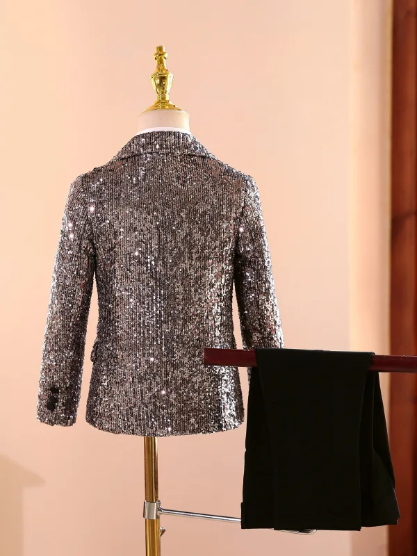 Sexy Gris Paillettes 5 pièces Manches Longues Costume Garçon Mariage 2025 Manteau Pantalon Chemise Cravate Gilet Mariage