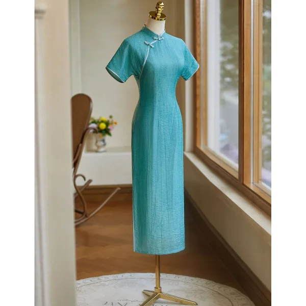 Vintage / Retro Chinese style Jade Green Floor-Length / Long Cheongsam 2024 Trumpet / Mermaid High Neck Short Sleeve