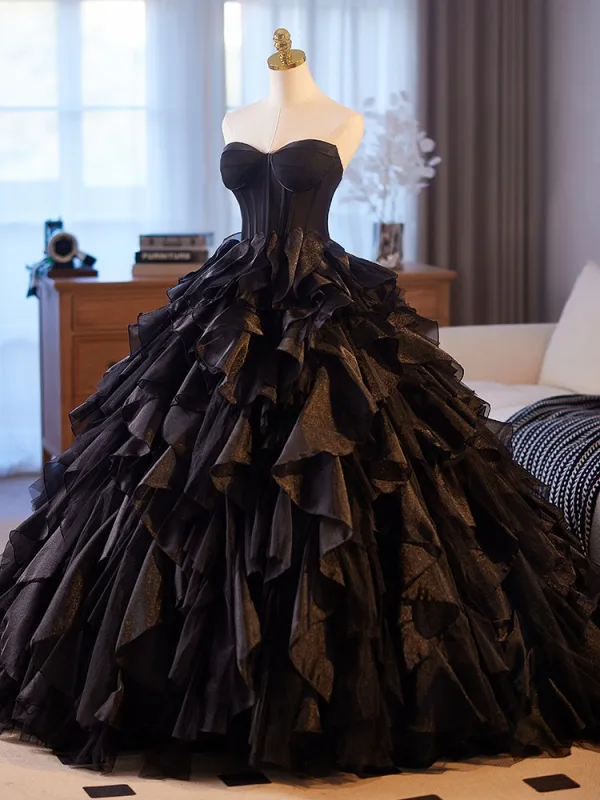 Chic / Beautiful Black Cascading Ruffles Prom Dresses 2025 Ball Gown Strapless Sleeveless Backless Floor-Length / Long Prom Formal Dresses