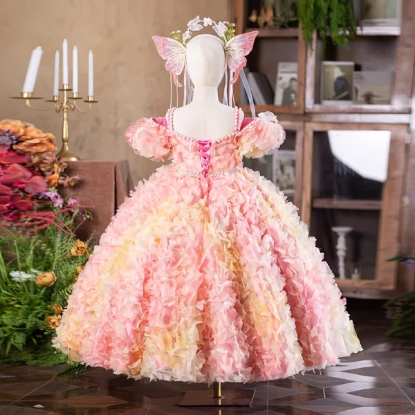 Flower Fairy Blushing Pink Appliques Birthday Flower Girl Dresses 2025 Ball Gown Pearl Spaghetti Straps Puffy Short Sleeve Backless Floor-Length / Long