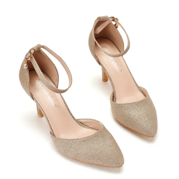 Schlicht Gold Abend Damen schuhe 2022 Knöchelriemen 7 cm Stilettos Spitzschuh Damenschuhe Hochhackige