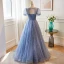 Chic / Beautiful Sky Blue Beading Sequins Prom Dresses 2023 A-Line / Princess Scoop Neck Short Sleeve Backless Floor-Length / Long Prom Formal Dresses