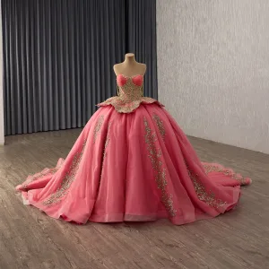 Haut De Gamme Watermelon Rouge Perlage Perle Paillettes Robe De Bal 2025 Robe Boule Bustier Sans Manches Dos Nu Chapel Train Promo Robe De Ceremonie