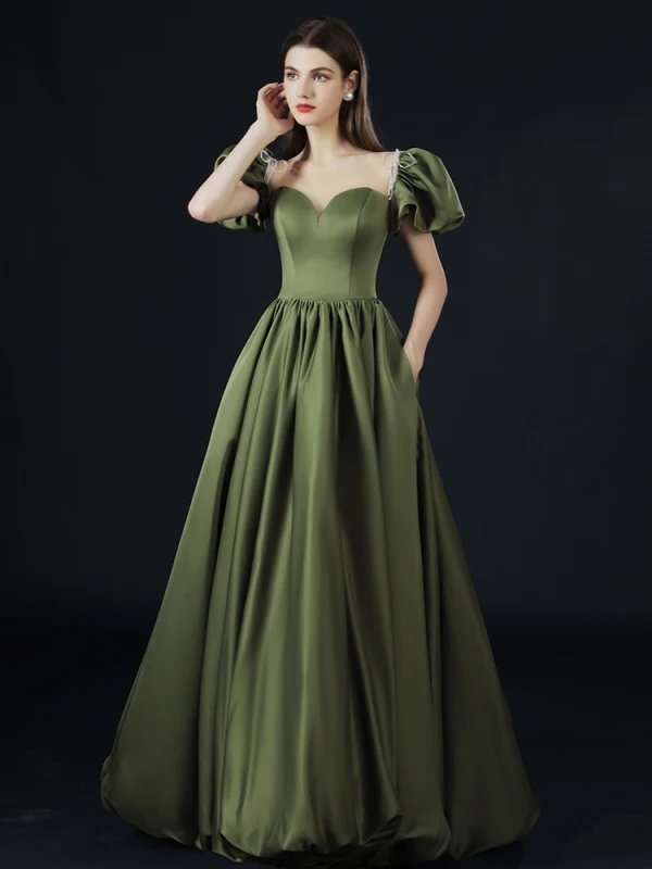 Vintage / Retro Olive Green Prom Dresses 2021 A-Line / Princess Short Sleeve Scoop Neck Crossed Straps Beading Pearl Ruffle Satin Floor-Length / Long Formal Dresses